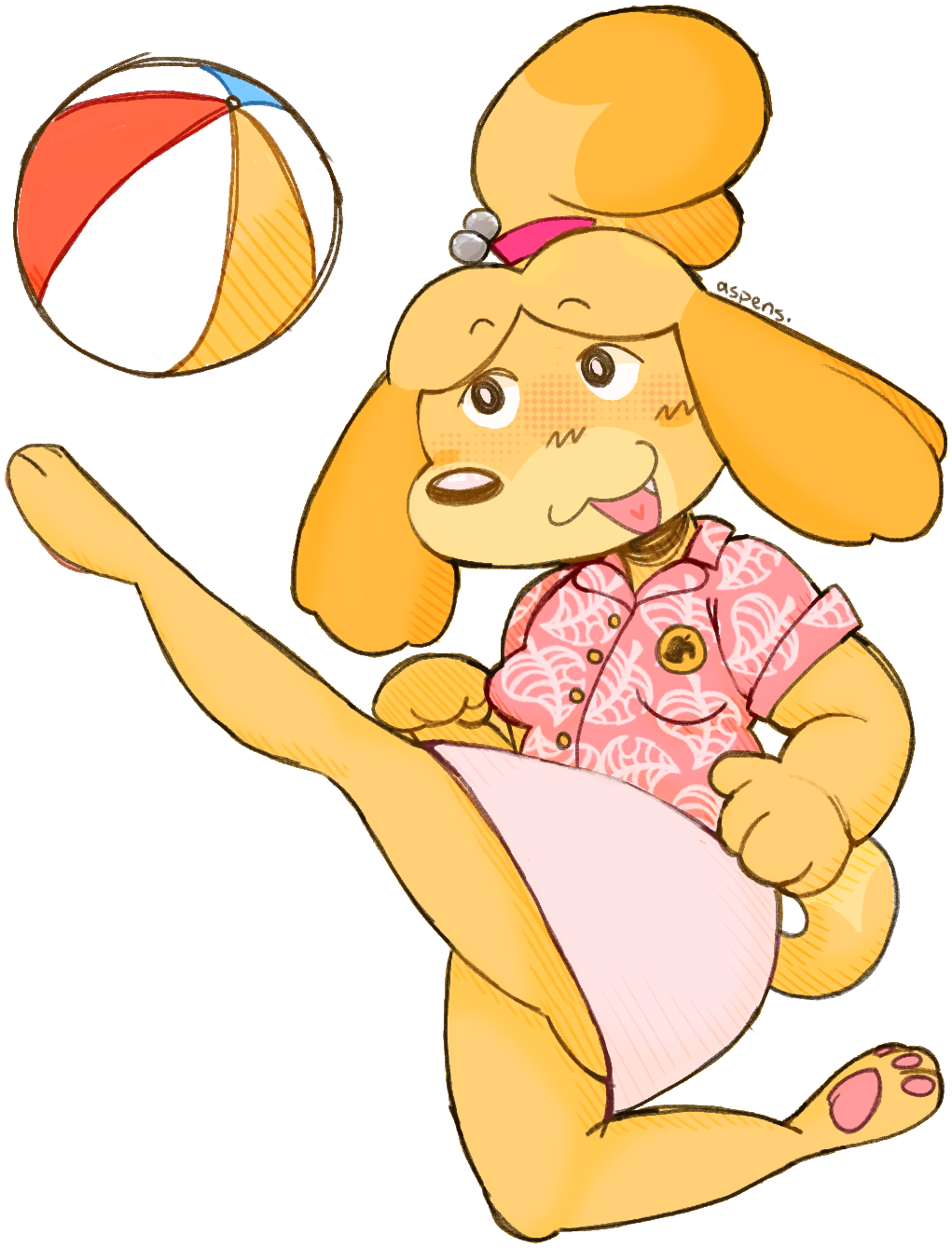 a drawing of isabelle from animal crossing in a kicking a beach ball