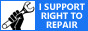 a blue button with white text that reads 'I SUPPORT THE RIGHT TO REPAIR', with a hand holding a wrench on the left