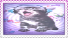 a purple stamp with a small cat happily listening to music