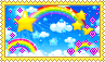 a stamp with a blue sky, rainbows, stars, clouds, and pink hearts